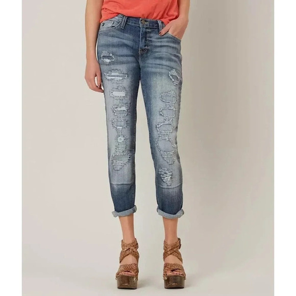 Kancan Women’s Distressed Low Rise Boyfriend Stretch Cropped‎ Jean Size 27 - Picture 1 of 8